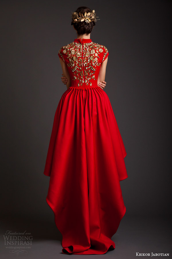 krikor jabotian couture spring 2014 akhtamar red mullet dress cap sleeves embroidery back view