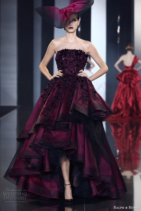 ralph and russo autumn winter 2014 2015 couture look 26 strapless deep red gown layered skirt