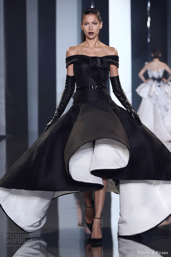 ralph and russo couture autumn 2014 2015 look 29 off the shoulder black and white dress