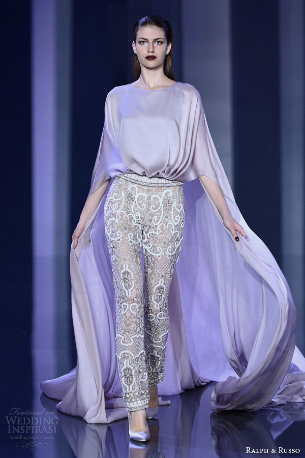 ralph russo fall winter haute couture 2014 2015 look 12 embellished pant trousers ethereal cape top