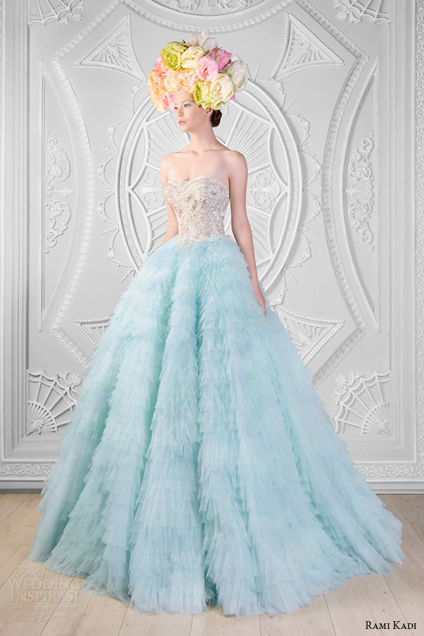 rami kadi spring 2014 couture collection hand embroidered strapless sweetheart neckline top blue tulle ball gown