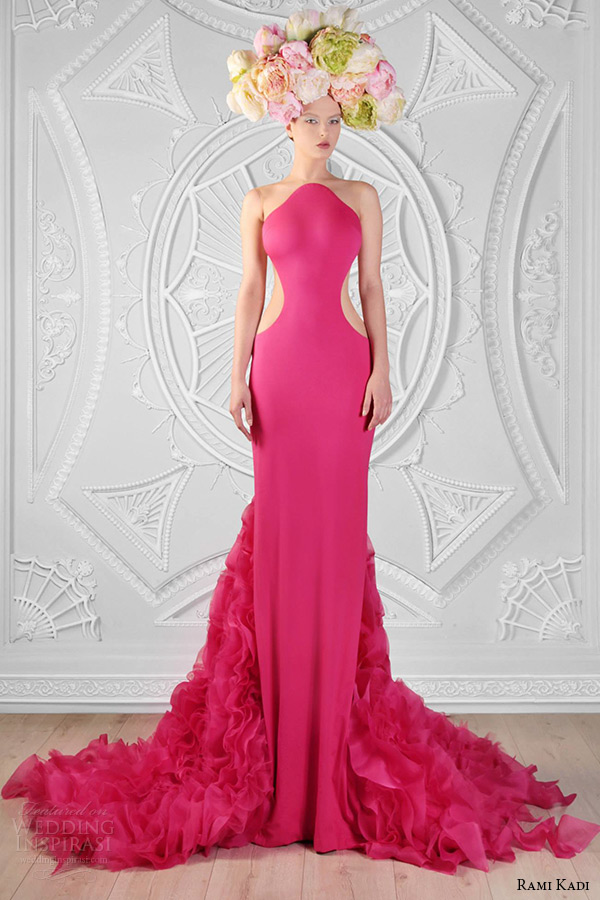 rami kadi spring 2014 couture collection pink silk jersey and organza sheath dress ruffled train