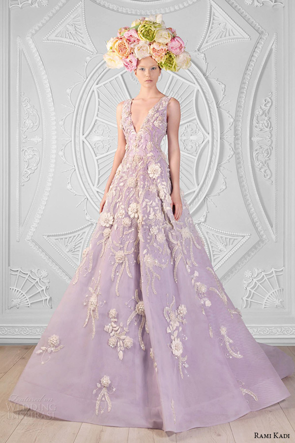 rami kadi spring 2014 couture collection v neck floral hand embroidered purple tulle ball gown