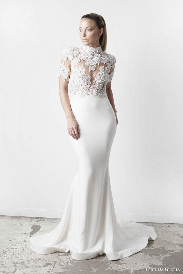 leah da gloria bridal spring 2015 elsa half sleeve illusion bodice high neckline wedding dress