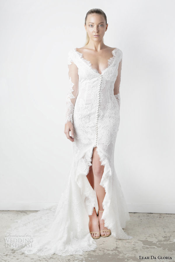 leah da gloria spring 2015 isabella illusion long sleeve wedding dress slit v neck