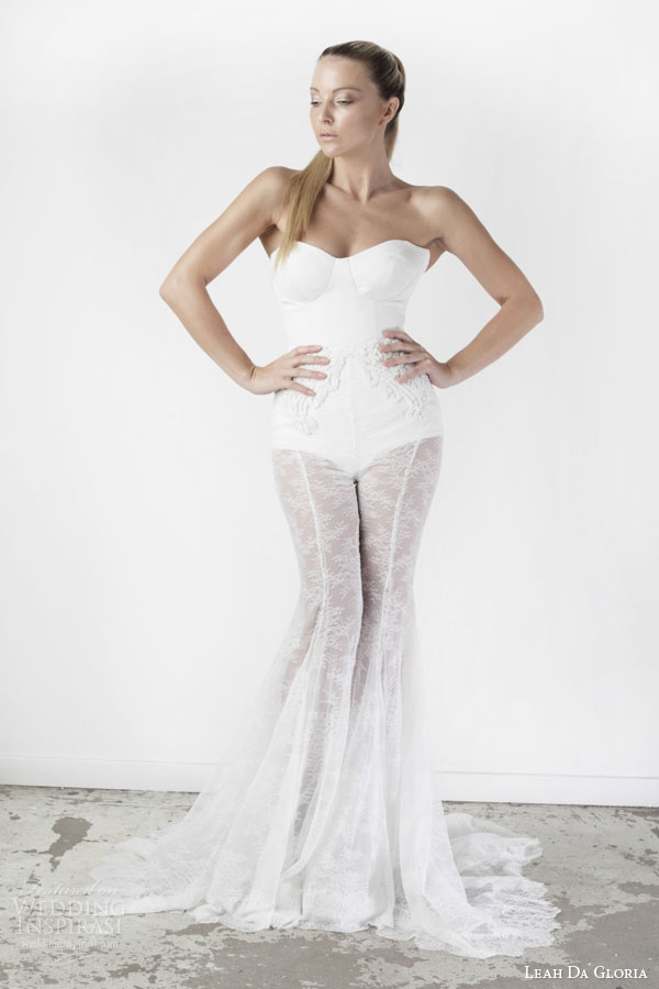 leah da gloria wedding dresses spring 2015 bridgitte strapless body suit cassidy sheer lace flare pants