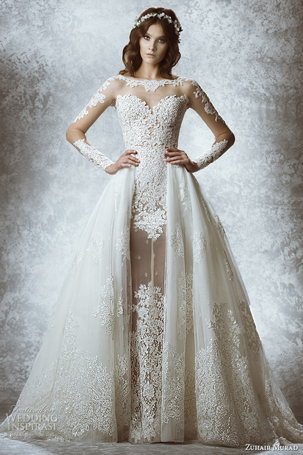 Sheer Long Sleeves Lace Short Wedding Dress With Detachable Train