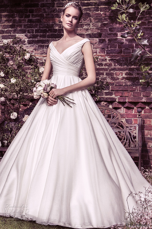 ellis bridal 2015 wedding dress v crossover neckline buttoned back organza ball gown style 11427