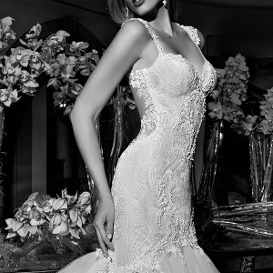 galia lahav 2015 jazz age wedding dress embroidered strap corset bodice blush ivory detachable tullet skirt train mermaid bridal gown loretta 1507 closeup