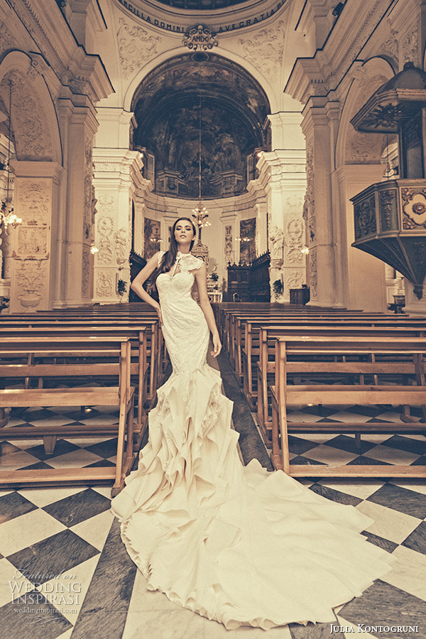julia kontogruni bridal 2015 wedding dress jewel lace neckline with bustier bodice mermaid gown chapel train