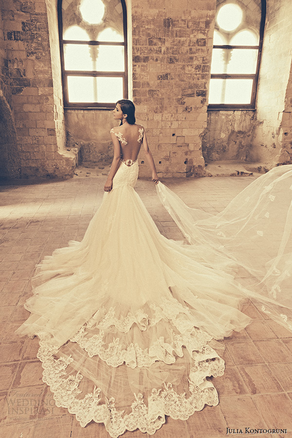 julia kontogruni bridal 2015 wedding dress jeweled strap sheer neckline low cut back mermaid gown cathedral train back