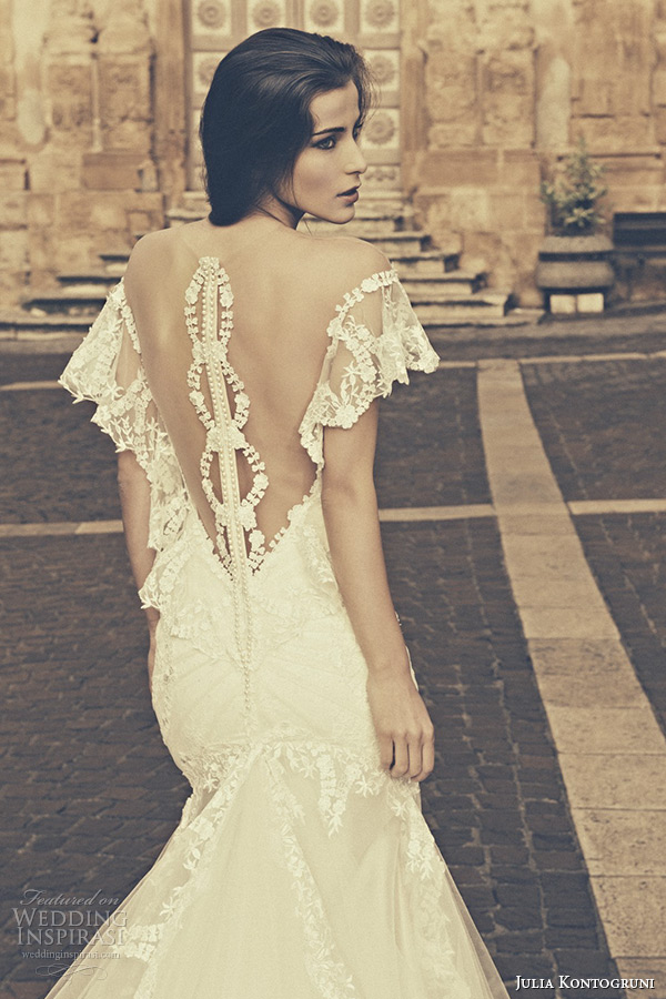 julia kontogruni bridal 2015 wedding dress lace flutter sleeves low cut back cathedral train gown back closeup