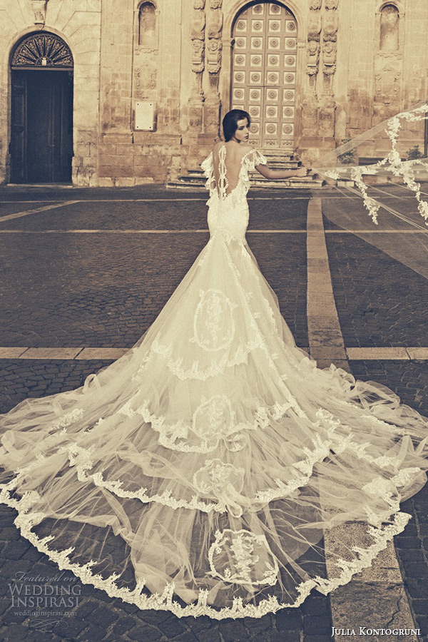 julia kontogruni bridal 2015 wedding dress lace flutter sleeves low cut back cathedral train gown back