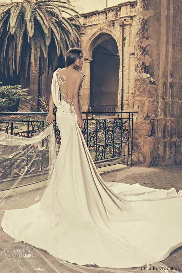 julia kontogruni bridal 2015 wedding dress one shoulder sheer embroidered beaded back fit and flare gown back