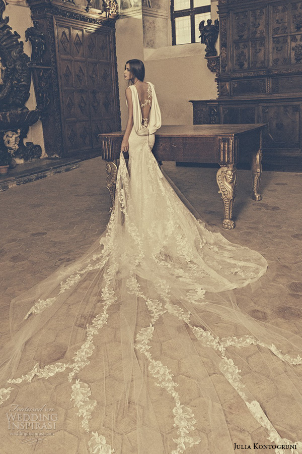 julia kontogruni bridal 2015 wedding dress one shoulder sheer lace sleeveless sweetheart neckline mermaid gown chapel train back