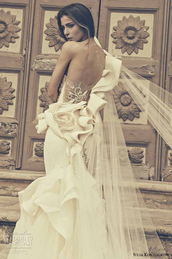 julia kontogruni bridal 2015 wedding dress one shoulder sweetheart neckline floral waist low cut back mermaid gown back closeup