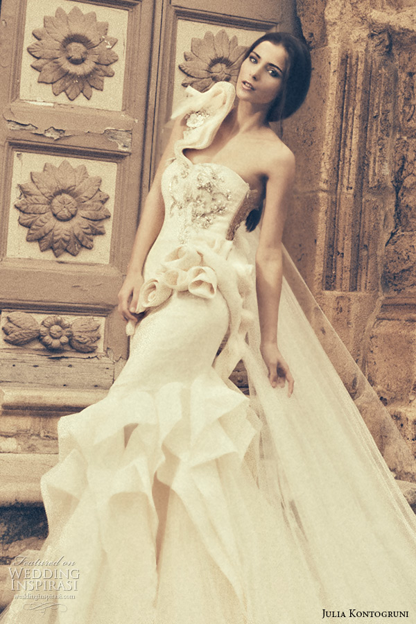 julia kontogruni bridal 2015 wedding dress one shoulder sweetheart neckline floral waist mermaid gown closeup