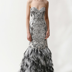 naeem khan prefall 2015 couture dresses strapless heartshape neckline victorian motifs feather bottom mermaid gown