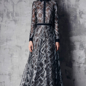 tadashi shoji prefall 2015 dresses button shirt long sleeves sheer black a line gown