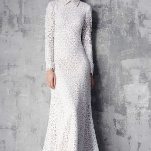 tadashi shoji prefall 2015 dresses collar long sleeves texture pattern white sheath gown