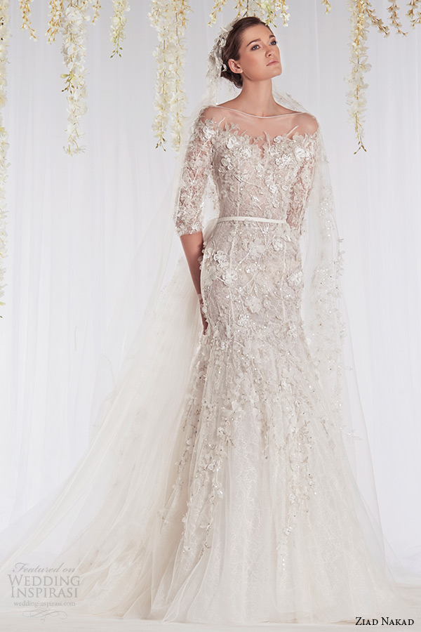 ziad nakad 2015 haute couture bridal wedding dress half sleeves off the shoulder flora leaf applique mermaid gown