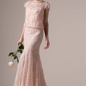 cymbeline bridal 2015 iphigenie rose pink lace wedding dress blouson scalloped cap sleeve bodice high neckline