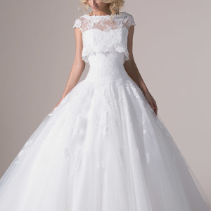 cymbeline bridal 2015 irvina drop waist ball gown wedding dress crop top cap sleeve lace topper