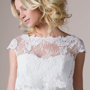 cymbeline bridal 2015 irvina drop waist ball gown wedding dress crop top cap sleeve lace topper close up bodice