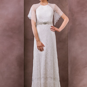 divine atelier wedding dress 2015 bridal flutter lace sleeves jewel neckline jeweled belt column gown serena