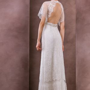 divine atelier wedding dress 2015 bridal flutter lace sleeves jewel neckline jeweled belt column gown serena back