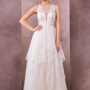 divine atelier wedding dress 2015 bridal sleeveless sheer lace strap plunging neckline tiered layered tulle a line gown carissa