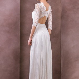 divine atelier wedding dress 2015 bridal three quarter 3 4 sleeves bateau neckline lace top column gown iman back