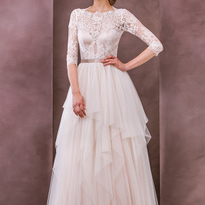 divine atelier wedding dress 2015 bridal three quarter 3 4 sleeves lace boat neckline tiered layered tulle gown sophia