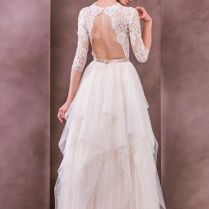 divine atelier wedding dress 2015 bridal three quarter 3 4 sleeves lace boat neckline tiered layered tulle gown sophia back