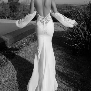 elihav sasson wedding dress 2015 attached long sleeves lace low cut back sheath bridal gown back