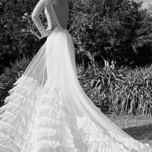 elihav sasson wedding dress 2015 lace long sleeves ultra low cut back sheath bridal gown with tulle train