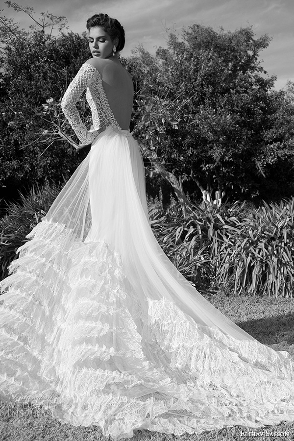 elihav sasson wedding dress 2015 ultra low back lace embroidery sheath  bridal gown back