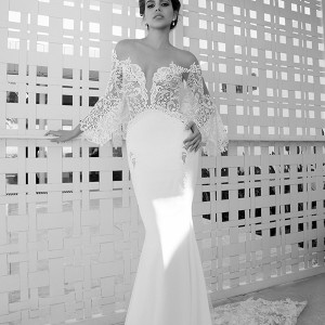 elihav sasson wedding dress 2015 long fluffy sleeves lace low cut back sheath bridal gown