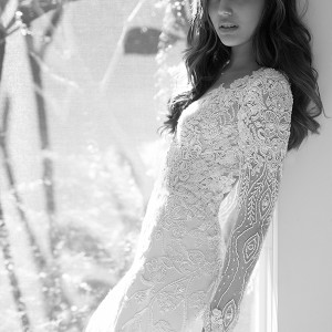 elihav sasson wedding dress 2015 long sleeves sheath bridal gown plunging neckline floral embroidery side