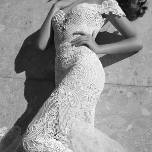 elihav sasson wedding dress 2015 off the shoulder plunging neckline lace sheath mermaid bridal gown