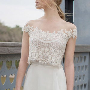 limor rosen bridal 2015 diana two piece wedding dress crop lace cap sleeve top a line skirt close up off shoulder bodice