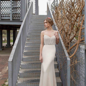 limor rosen bridal 2015 evelyn sleeveless blouson wedding dress sheath skirt thin straps