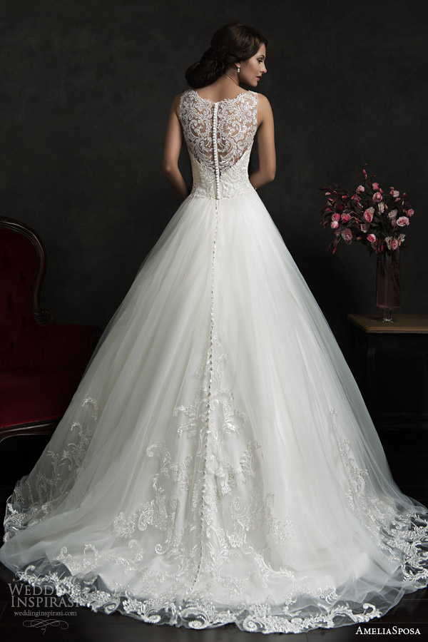 amelia sposa 2015 bridal elza sleeveless ball gown wedding dress illusion neckline back view train