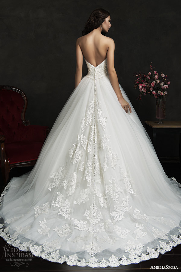 amelia sposa 2015 bridal filipina strapless ball gown wedding dress lace bodice hem skirt back view train