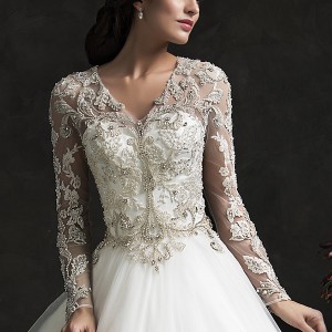 amelia sposa 2015 bridal leonor ball gown weddding dress long sleeve embellished top close up