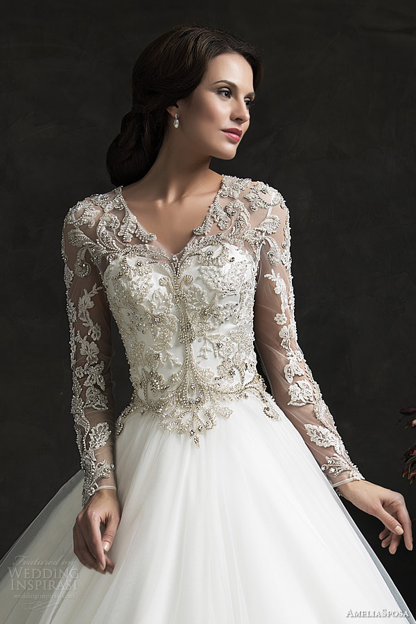 amelia sposa 2015 bridal leonor ball gown weddding dress long sleeve embellished top close up