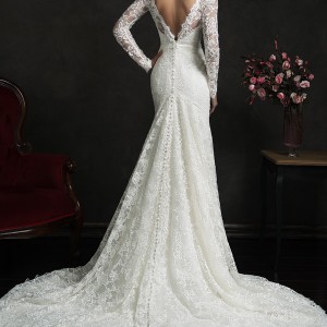 amelia sposa 2015 bridal novia long sleeve lace weddig dress illusion neckline v back view train