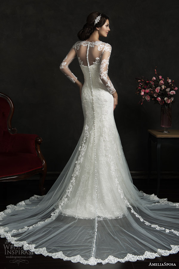 amelia sposa 2015 bridal teofila strapless wedding dress illusion long sleeve lace overlay back view train