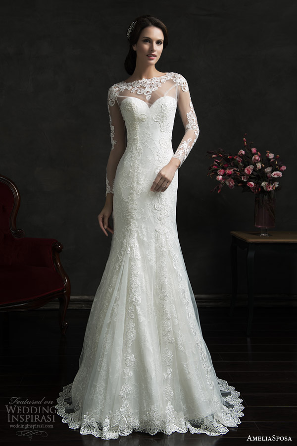 amelia sposa 2015 bridal teofila strapless wedding dress illusion long sleeve lace overlay