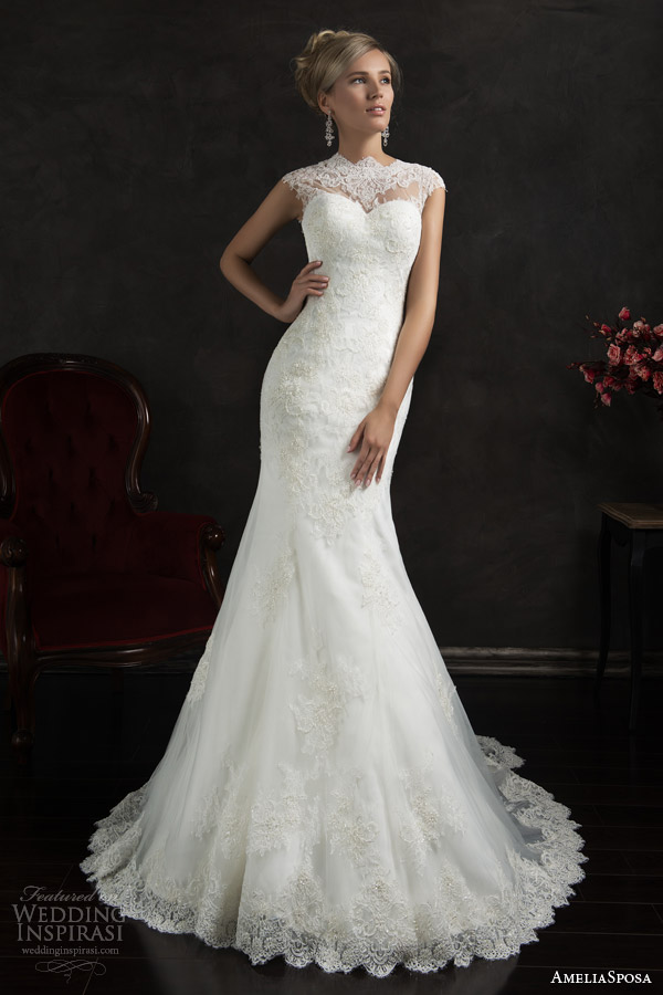 amelia sposa 2015 bridal valensia cap sleeve lace trumpet wedding dress